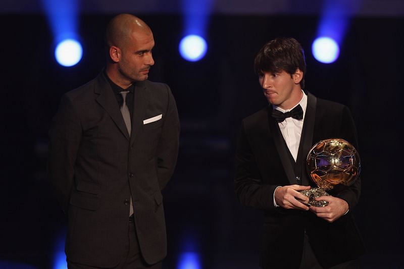 Pep Guardiola and Lionel Messi at the FIFA Ballon d'Or Gala 2010